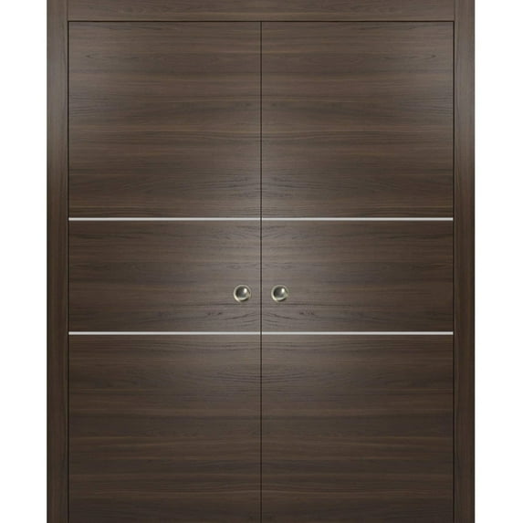 Sliding French Double Pocket Doors 72 x 84 inches | Planum 0110 Chocolate Ash with Frosted Glass | Kit Trims Rail Hardware | Solid Wood Interior Bedroom Sturdy Doors