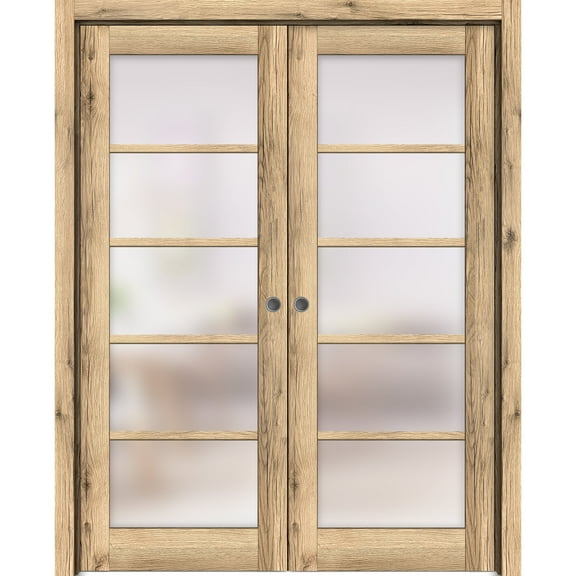 Sliding French Double Pocket Doors 72 x 84 inches | Quadro 4002 Oak | Kit Trims Rail Hardware | Solid Wood Interior Bedroom Sturdy Doors
