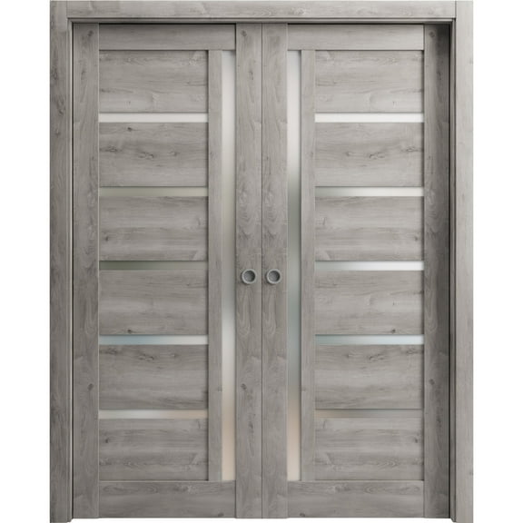 Sliding French Double Pocket Doors 72 x 84 inches | Quadro 4088 Nebraska Grey with Frosted Glass | Kit Trims Rail Hardware | Solid Wood Interior Bedroom Sturdy Doors
