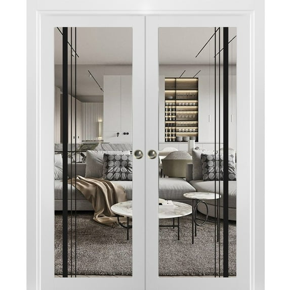 Sliding French Double Pocket Doors 72 x 96 inches | Lucia 2566 White Silk Clear Glass | Kit Trims Rail Hardware | Solid Wood Interior Bedroom Sturdy Doors