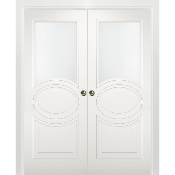 Sliding French Double Pocket Doors 72 x 96 inches Opaque Glass / Mela 7012 Matte White / Kit Rail Hardware / MDF Interior Bedroom Modern Doors