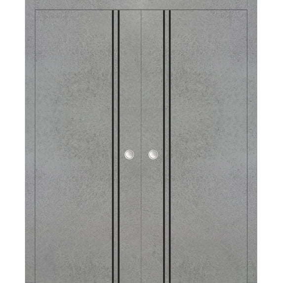 Sliding French Double Pocket Doors 72 x 96 inches | Planum 0016 Concrete with Frosted Glass | Kit Trims Rail Hardware | Solid Wood Interior Bedroom Sturdy Doors