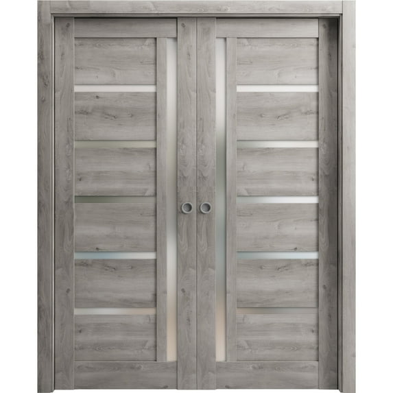 Sliding French Double Pocket Doors 72 x 96 inches | Quadro 4088 Nebraska Grey with Frosted Glass | Kit Trims Rail Hardware | Solid Wood Interior Bedroom Sturdy Doors