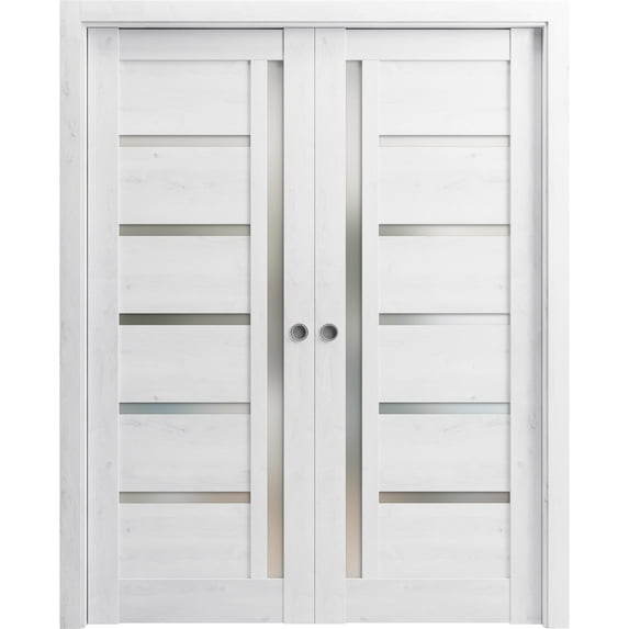 Sliding French Double Pocket Doors 72 x 96 inches | Quadro 4088 Nordic White with Frosted Glass | Kit Trims Rail Hardware | Solid Wood Interior Bedroom Sturdy Doors