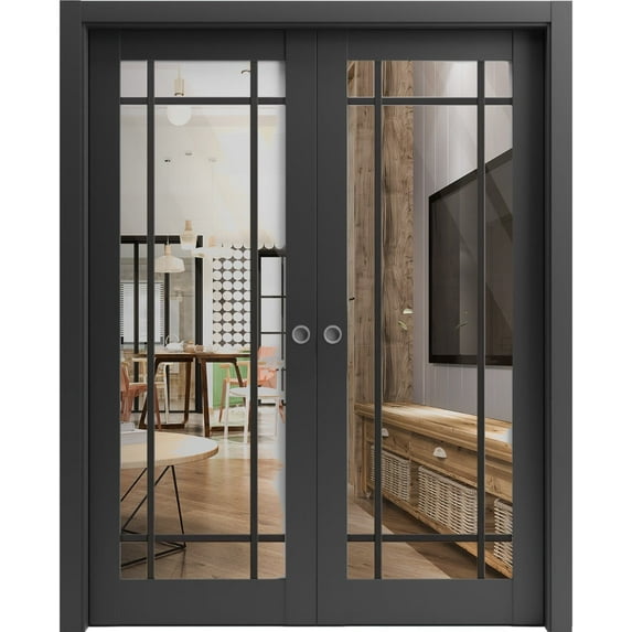 Sliding French Double Pocket Doors 84 x 80 inches | Lucia 2266 Matte Black Clear Glass | Kit Trims Rail Hardware | Solid Wood Interior Bedroom Sturdy Doors