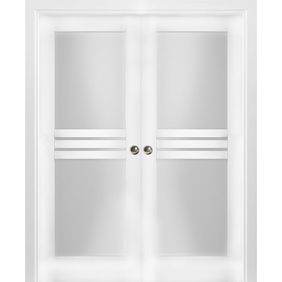Sliding French Double Pocket Doors 84 x 80 inches Opaque Glass 4 Lites / Mela 7222 White Silk / Kit Rail Hardware / MDF Interior Bedroom Modern Doors