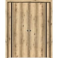 thumbnail image 1 of Sliding French Double Pocket Doors 84 x 80 inches | Planum 0011 Oak with Frosted Glass | Kit Trims Rail Hardware | Solid Wood Interior Bedroom Sturdy Doors, 1 of 6