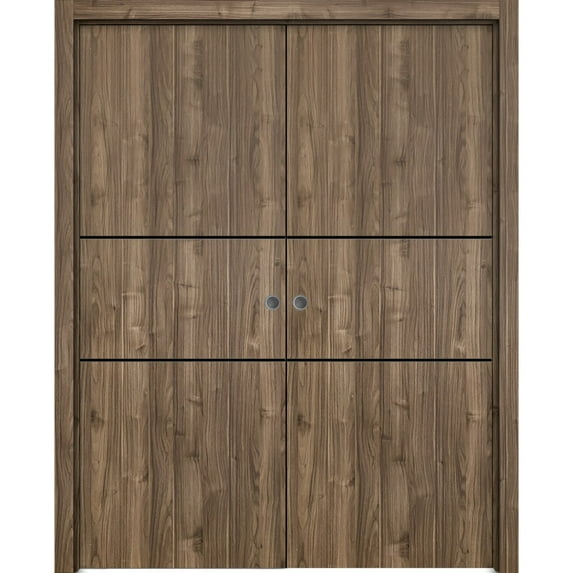 Sliding French Double Pocket Doors 84 x 80 inches | Planum 0014 Walnut with Frosted Glass | Kit Trims Rail Hardware | Solid Wood Interior Bedroom Sturdy Doors
