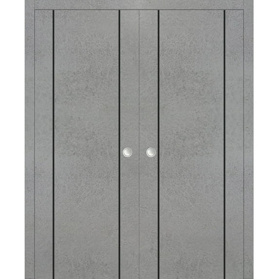 Sliding French Double Pocket Doors 84 x 80 inches | Planum 0016 Concrete with Frosted Glass | Kit Trims Rail Hardware | Solid Wood Interior Bedroom Sturdy Doors