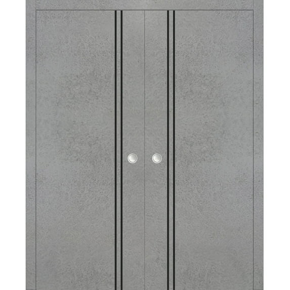 Sliding French Double Pocket Doors 84 x 80 inches | Planum 0016 Concrete with Frosted Glass | Kit Trims Rail Hardware | Solid Wood Interior Bedroom Sturdy Doors