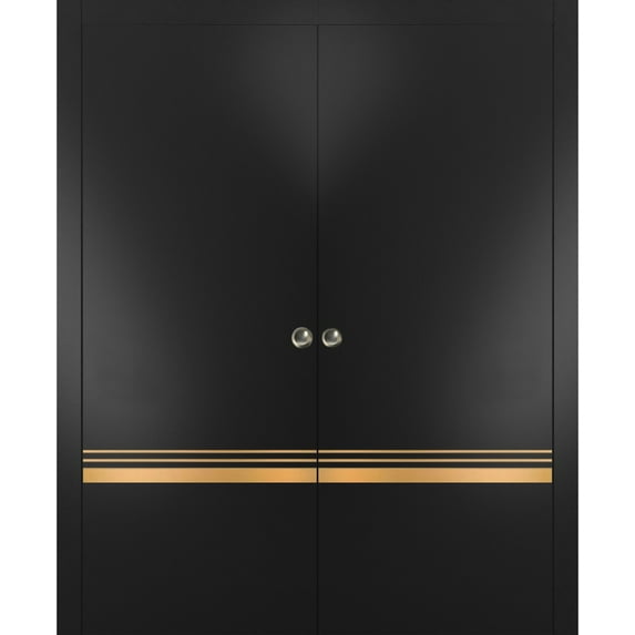 Sliding French Double Pocket Doors 84 x 80 inches | Planum 2010 Matte Black with Frosted Glass | Kit Trims Rail Hardware | Solid Wood Interior Bedroom Sturdy Doors