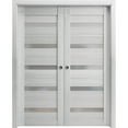 thumbnail image 1 of Sliding French Double Pocket Doors 84 x 80 inches | Quadro 4445 Light Grey Oak with Frosted Glass | Kit Trims Rail Hardware | Solid Wood Interior Bedroom Sturdy Doors, 1 of 6