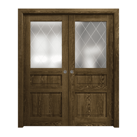 Sliding French Double Pocket Doors 84 x 84 inches | Ego 5011 Marble Oak | Kit Rail Hardware | Solid Wood Interior Bedroom Modern Doors