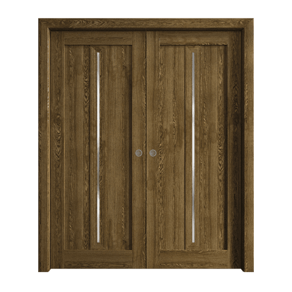 Sliding French Double Pocket Doors 84 x 84 inches | Ego 5014 Marble Oak | Kit Rail Hardware | Solid Wood Interior Bedroom Modern Doors