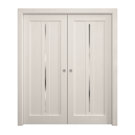 Sliding French Double Pocket Doors 84 x 84 inches | Ego 5014 Painted White Oak | Kit Rail Hardware | Solid Wood Interior Bedroom Modern Doors