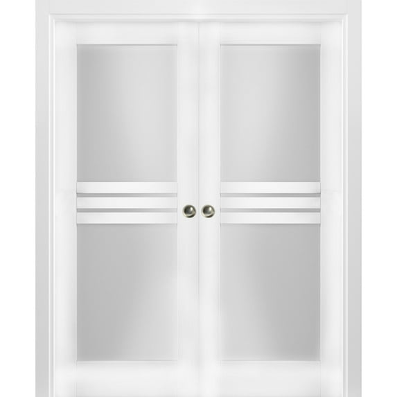 Sliding French Double Pocket Doors 84 x 84 inches Opaque Glass 4 Lites / Mela 7222 White Silk / Kit Rail Hardware / MDF Interior Bedroom Modern Doors
