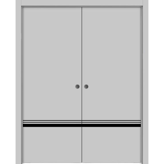 Sliding French Double Pocket Doors 84 x 84 inches | Planum 0012 Grey Matte with Frosted Glass | Kit Trims Rail Hardware | Solid Wood Interior Bedroom Sturdy Doors