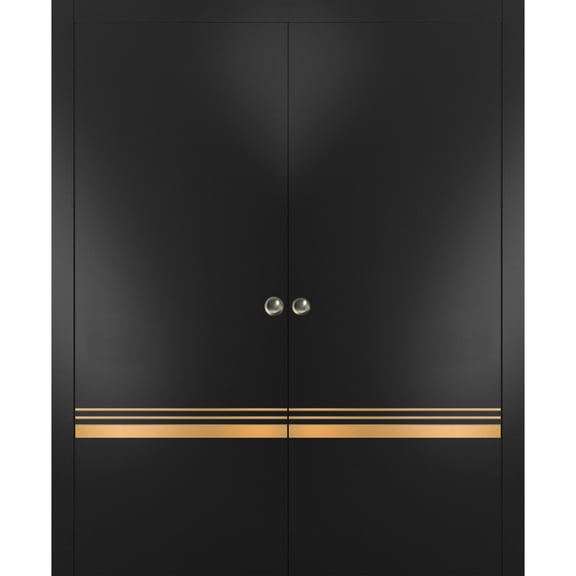 Sliding French Double Pocket Doors 84 x 84 inches | Planum 2010 Matte Black with Frosted Glass | Kit Trims Rail Hardware | Solid Wood Interior Bedroom Sturdy Doors