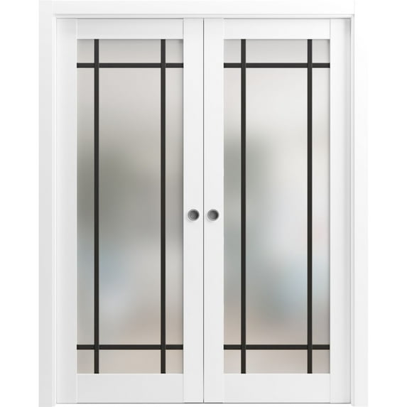 Sliding French Double Pocket Doors 84 x 84 inches | Planum 2112 White Silk Frosted Glass | Kit Trims Rail Hardware | Solid Wood Interior Bedroom Sturdy Doors