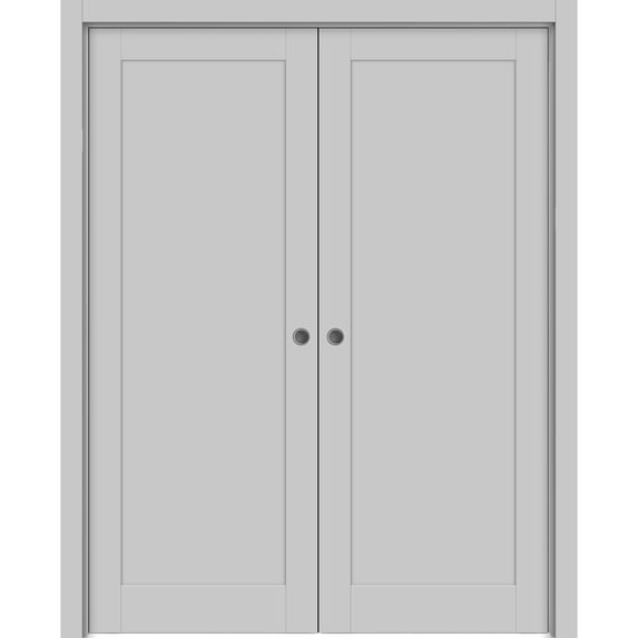 Sliding French Double Pocket Doors 84 x 84 inches | Quadro 4111 Matte Grey | Kit Trims Rail Hardware | Solid Wood Interior Bedroom Sturdy Doors