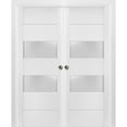 thumbnail image 1 of Sliding French Double Pocket Doors 84 x 96 inches Frosted Glass 2 lites| Lucia 4010 White Silk | Kit Trims Rail Hardware | Solid Wood Interior Bedroom Sturdy Doors, 1 of 6