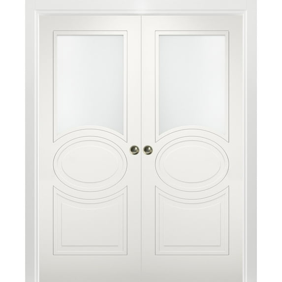 Sliding French Double Pocket Doors 84 x 96 inches Opaque Glass / Mela 7012 Matte White / Kit Rail Hardware / MDF Interior Bedroom Modern Doors