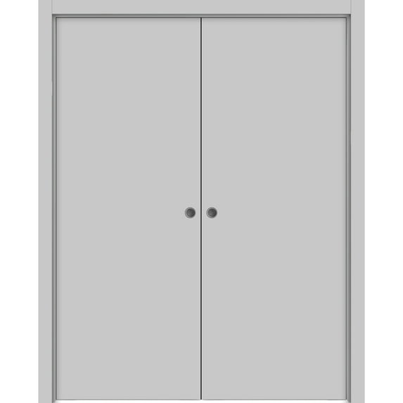Sliding French Double Pocket Doors 84 x 96 inches | Planum 0010 Matte Grey | Kit Trims Rail Hardware | Solid Wood Interior Bedroom Sturdy Doors