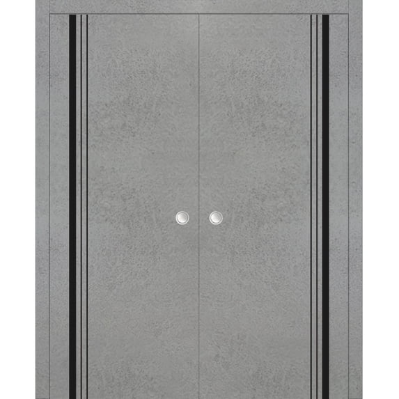 Sliding French Double Pocket Doors 84 x 96 inches | Planum 0011 Concrete with Frosted Glass | Kit Trims Rail Hardware | Solid Wood Interior Bedroom Sturdy Doors