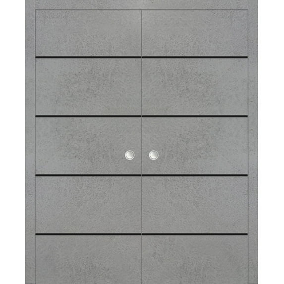 Sliding French Double Pocket Doors 84 x 96 inches | Planum 0015 Concrete with Frosted Glass | Kit Trims Rail Hardware | Solid Wood Interior Bedroom Sturdy Doors