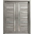 thumbnail image 1 of Sliding French Double Pocket Doors 84 x 84 inches | Quadro 4088 Nebraska Grey with Frosted Glass | Kit Trims Rail Hardware | Solid Wood Interior Bedroom Sturdy Doors, 1 of 5