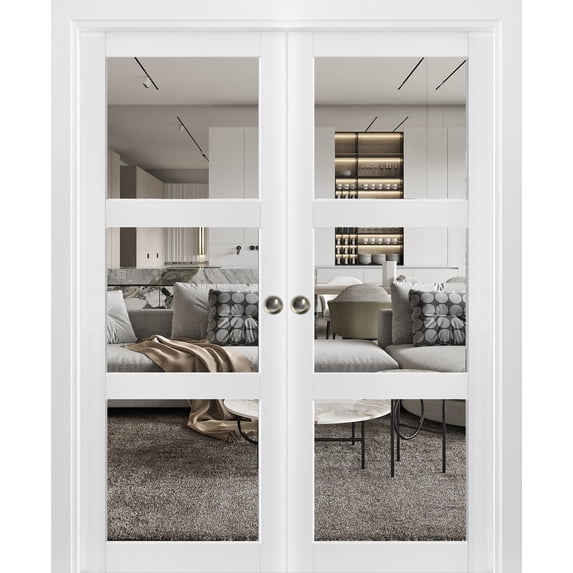 Sliding French Double Pocket Doors Clear Glass 3 Lites | Lucia 2555 Matte White | Sample of Door Color