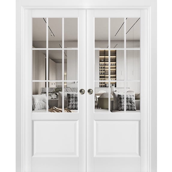 Sliding French Double Pocket Doors | Felicia 3599 White Silk with Clear Glass | Kit Trims Rail Hardware | Solid Wood Interior Bedroom Sturdy Doors-60" x 96" (2* 30x96)-Clear Glass