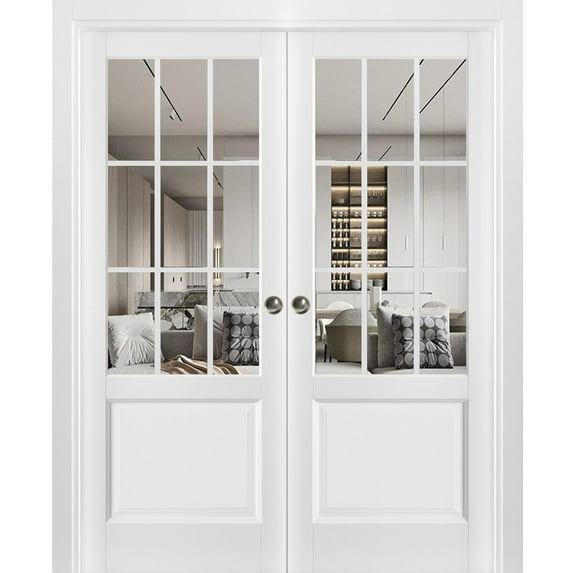 Sliding French Double Pocket Doors | Felicia 3599 White Silk with Clear Glass | Kit Trims Rail Hardware | Solid Wood Interior Bedroom Sturdy Doors-64" x 96" (2* 32x96)-Clear Glass