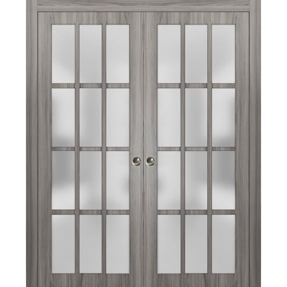Sliding French Double Pocket Doors Frosted Glass 12 Lites | Felicia 3312 Ginger Ash Grey| Kit Trims Rail Hardware | Solid Wood Interior Bedroom Sturdy Doors -84" x 96" (2* 42x96)
