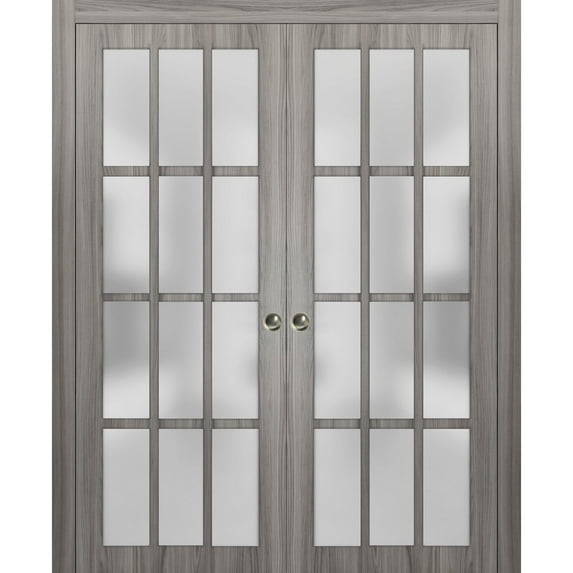 Sliding French Double Pocket Doors Frosted Glass 12 Lites | Felicia 3312 Ginger Ash Grey| Kit Trims Rail Hardware | Solid Wood Interior Bedroom Sturdy Doors -48" x 84" (2* 24x84)