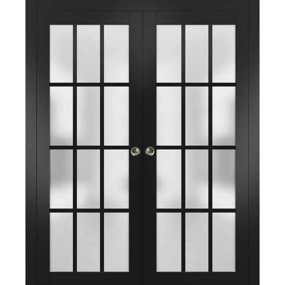 Sliding French Double Pocket Doors Frosted Glass 12 Lites | Felicia 3312 Matte Black | Kit Trims Rail Hardware | Solid Wood Interior Bedroom Sturdy Doors -56" x 96" (2* 28x96)