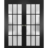 Sliding French Double Pocket Doors Frosted Glass 12 Lites | Felicia 3312 Matte Black | Kit Trims Rail Hardware | Solid Wood Interior Bedroom Sturdy Doors -36" x 84" (2* 18x84)
