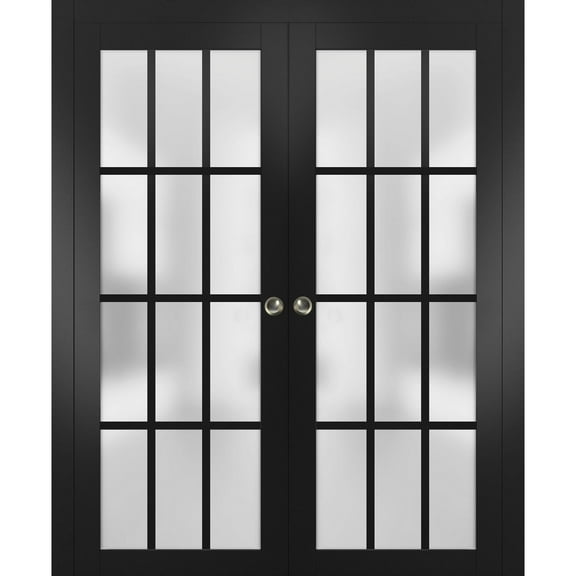 Sliding French Double Pocket Doors Frosted Glass 12 Lites | Felicia 3312 Matte Black | Kit Trims Rail Hardware | Solid Wood Interior Bedroom Sturdy Doors -36" x 84" (2* 18x84)
