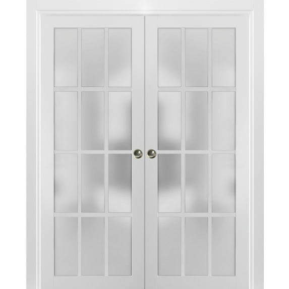 Sliding French Double Pocket Doors Frosted Glass 12 Lites | Felicia 3312 White Matte | Kit Trims Rail Hardware | Solid Wood Interior Bedroom Sturdy Doors -60" x 80" (2* 30x80)