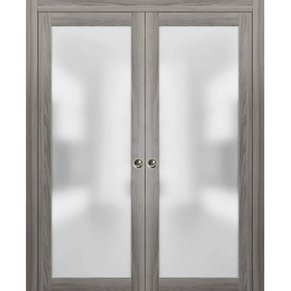 Sliding French Double Pocket Doors with Frosted Glass | Planum 2102 Ginger Ash | Kit Trims Rail Hardware | Solid Wood Interior Bedroom Sturdy Doors-84" x 84" (2* 42x84)