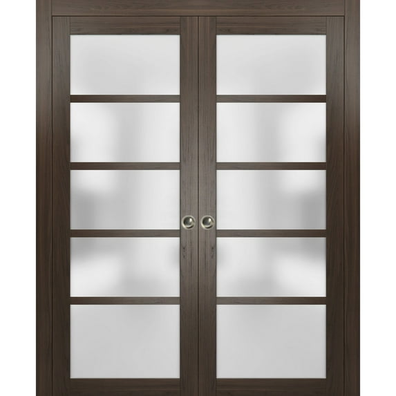 Sliding French Double Pocket Doors with Frosted Glass | Quadro 4002 Chocolate Ash | Kit Trims Rail Hardware | Solid Wood Interior Bedroom Sturdy Doors-36" x 96" (2* 18x96)