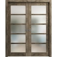 thumbnail image 1 of Sliding French Double Pocket Doors Frosted Glass | Quadro 4002 Cognac Oak | Kit Trims Rail Hardware | Solid Wood Interior Bedroom Sturdy Doors-84" x 84" (2* 42x84), 1 of 6