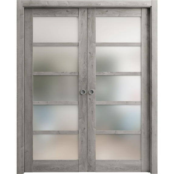Sliding French Double Pocket Doors Frosted Glass | Quadro 4002 Nebraska Grey | Kit Trims Rail Hardware | Solid Wood Interior Bedroom Sturdy Doors-56" x 84" (2* 28x84)
