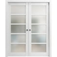 thumbnail image 1 of Sliding French Double Pocket Doors Frosted Glass | Quadro 4002 Nordic White | Kit Trims Rail Hardware | Solid Wood Interior Bedroom Sturdy Doors-60" x 96" (2* 30x96), 1 of 6