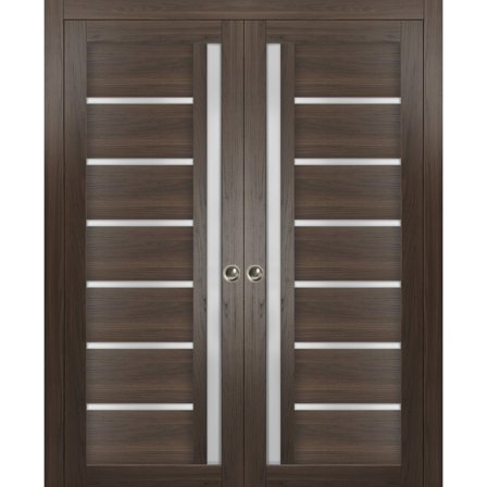 Sliding French Double Pocket Doors with Frosted Glass | Quadro 4088 Chocolate Ash | Kit Trims Rail Hardware | Solid Wood Interior Bedroom Sturdy Doors-36" x 84" (2* 18x84)