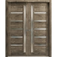 thumbnail image 1 of Sliding French Double Pocket Doors Frosted Glass | Quadro 4088 Cognac Oak | Kit Trims Rail Hardware | Solid Wood Interior Bedroom Sturdy Doors-56" x 96" (2* 28x96), 1 of 6