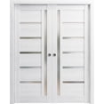 thumbnail image 1 of Sliding French Double Pocket Doors Frosted Glass | Quadro 4088 Nordic White | Kit Trims Rail Hardware | Solid Wood Interior Bedroom Sturdy Doors-56" x 80" (2* 28x80), 1 of 6