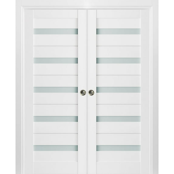 Sliding French Double Pocket Doors Frosted Glass | Quadro 4445 White Silk | Sample of Door Color