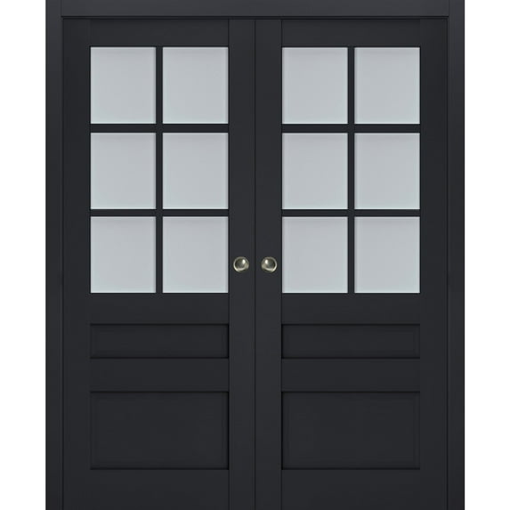 Sliding French Double Pocket Doors with Frosted Glass | Veregio 7339 Antracite | Kit Trims Rail Hardware | Solid Wood Interior Bedroom Sturdy Doors-84" x 84" (2* 42x84)