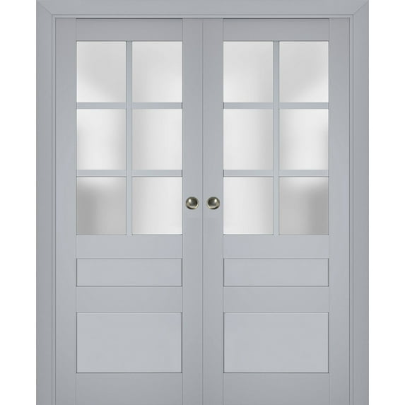 Sliding French Double Pocket Doors with Frosted Glass | Veregio 7339 Matte Grey | Kit Trims Rail Hardware | Solid Wood Interior Bedroom Sturdy Doors-72" x 96" (2* 36x96)